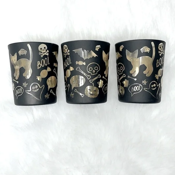 Boo Cat Gothic Black & Gold Votive Candle Holder (Set of 3) Kitty Tealight Glass - Picture 6 of 8